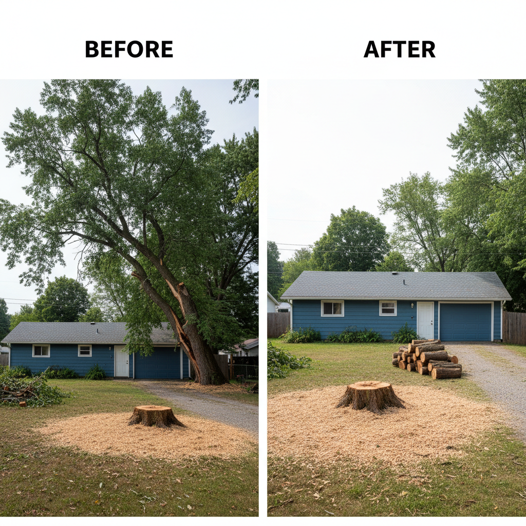 A dramatic before-and-after composite of a large problem tree removal in a Duluth backyard, rendered in clean photographic realism. On the left, a towering, leaning poplar looms over a modest garage, its branches tangled and overgrown. On the right, the same yard appears open and tidy, with the stump cleanly cut low to the ground, wood chips evenly spread, and cut logs stacked in an orderly pile near a gravel driveway. The scene is set under a bright but slightly overcast sky, giving soft, diffused light and minimal shadows. Captured from a slightly elevated angle to clearly show both views, the image feels professional and reassuring, emphasizing transformation, safety, and meticulous cleanup after expert tree cutting work.