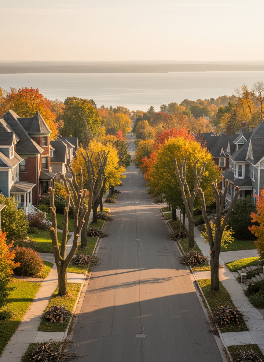 A Duluth hillside neighborhood in early autumn, with a series of neatly pruned trees lining a sloping street that descends toward a distant, hazy view of Lake Superior. Each tree shows careful crown thinning and balanced shaping, allowing more light toward homes with steep gabled roofs typical of the region. Fallen branches are stacked in organized piles along the curb, while trimmed canopies reveal clean, smooth cuts. The late-afternoon sun casts a golden, angled light, creating long shadows across the sidewalks and highlighting the warm reds and oranges of nearby maples. Photographic realism, captured from an elevated vantage point using a wide lens, emphasizes the relationship between safe, professional tree trimming and the overall tidiness and safety of the neighborhood, conveying a calm, orderly, and well-maintained atmosphere.